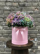 Цветочная композиция из Гипсофила и Розы в шляпной коробке в Горшково
