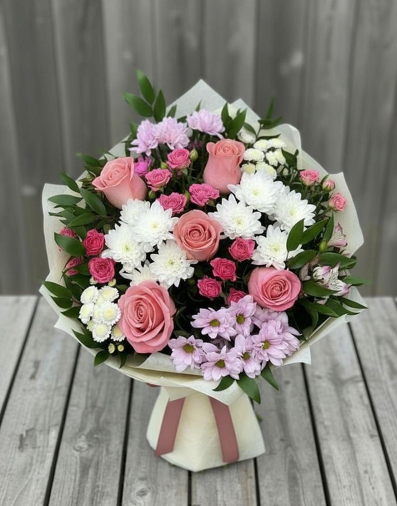 Букет цветов из: Альстромерии, Гвоздики, Розы и Хризантемы в Горшково