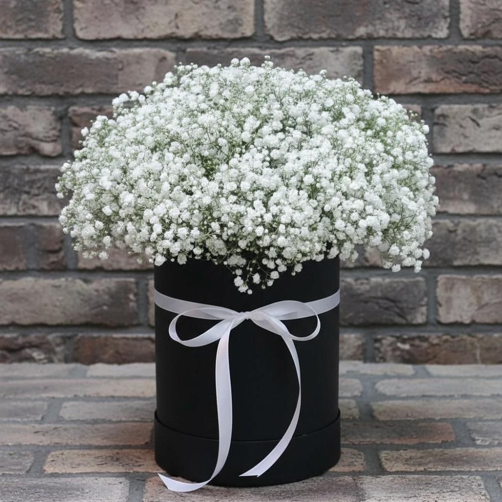 Цветочная композиция из Гипсофила в шляпной коробке в Горшково