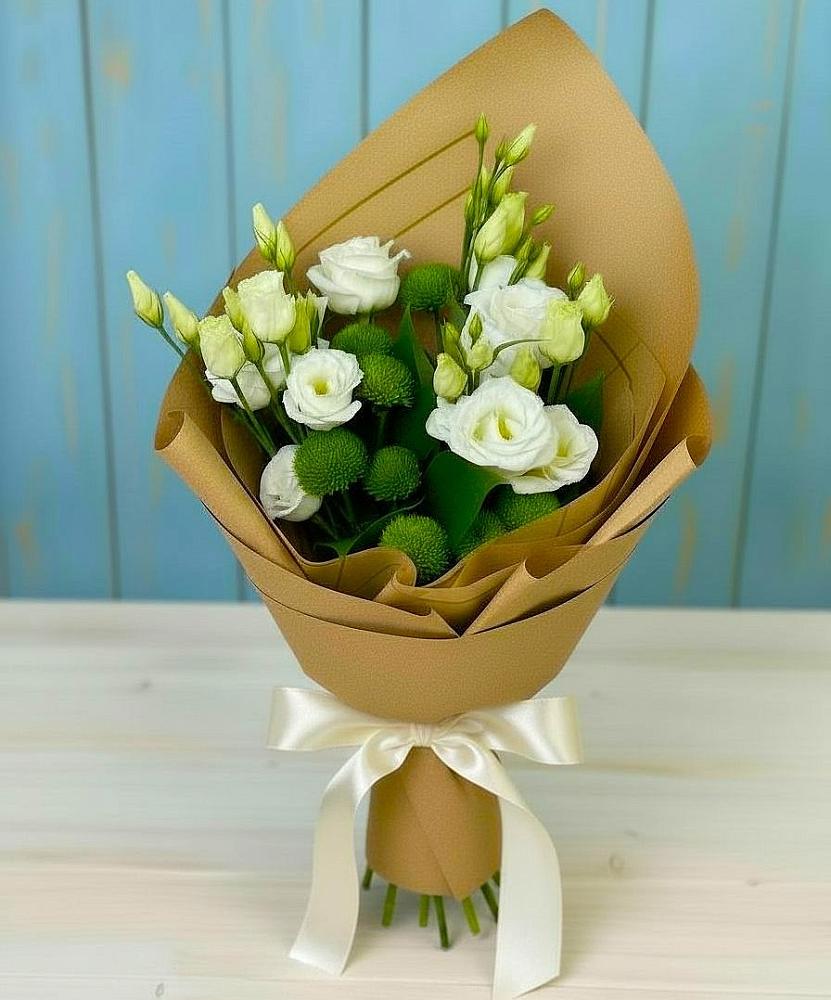 Букет цветов из: Хризантемы и Лизиантусы в Горшково