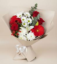 Букет цветов из:  Розы, Хризантемы, Герберы и Лилии в Горшково