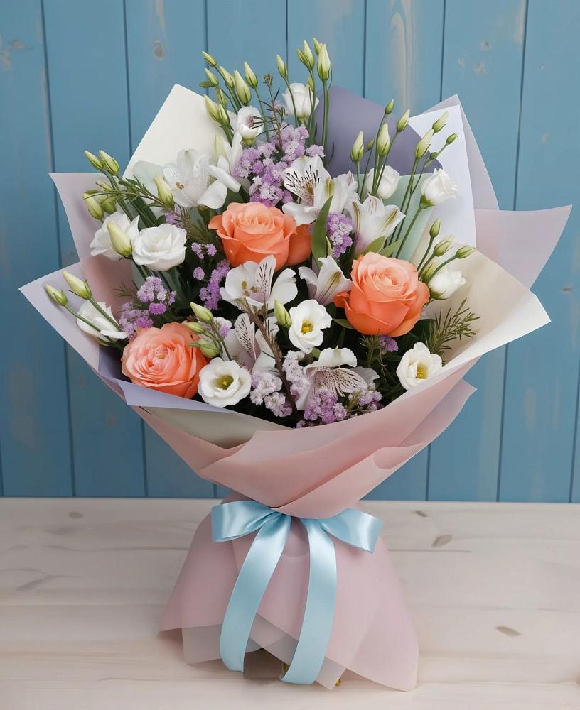 Букет цветов из: Лизиантусы, Розы, Альстромерии и Гипсофила в Горшково