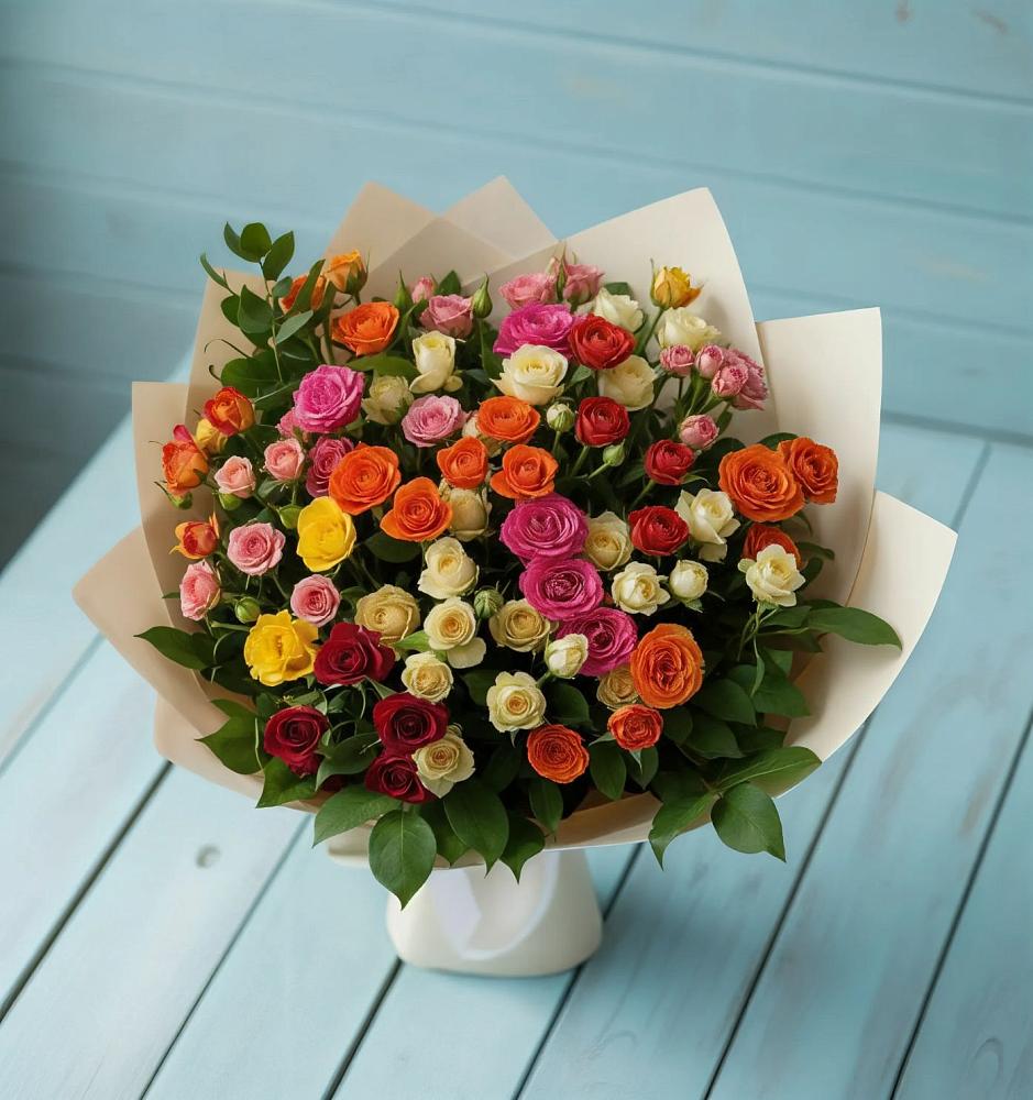 Букет Микс из разноцветных кустовых роз в Горшково