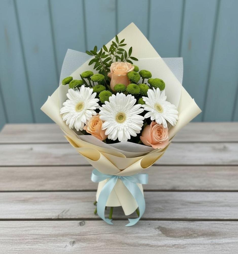 Букет цветов из: Герберы, Розы и Хризантемы в Горшково