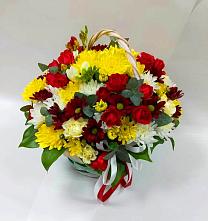 Цветочная композиция из Хризантемы и Розы в корзине в Горшково