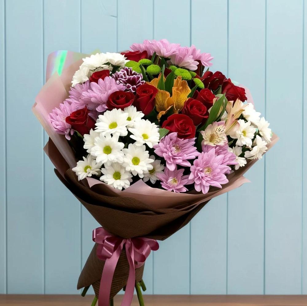 Букет цветов из: Розы, Хризантемы и Альстромерии в Горшково