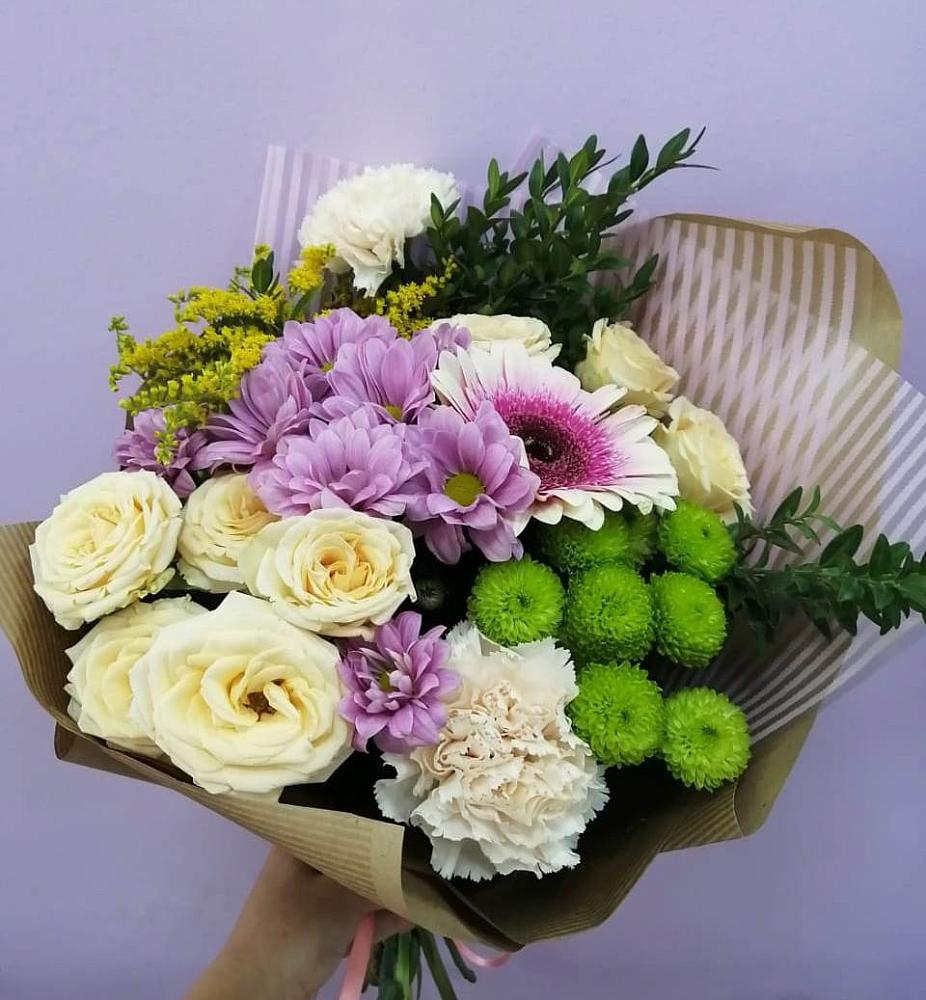 Букет цветов из: Хризантемы, Розы, Гвоздики и Герберы в Горшково