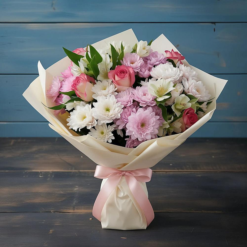 Букет цветов из: Хризантемы, Альстромерии и Розы в Горшково